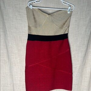 BEBE Bodycon Elegant Red and Gold Strapless Bandage Dress Size XL